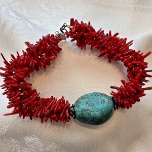 HDNY Coral Branch  Turquoise Bead Bracelet, 3 Braided Strands, Claw Clasp
